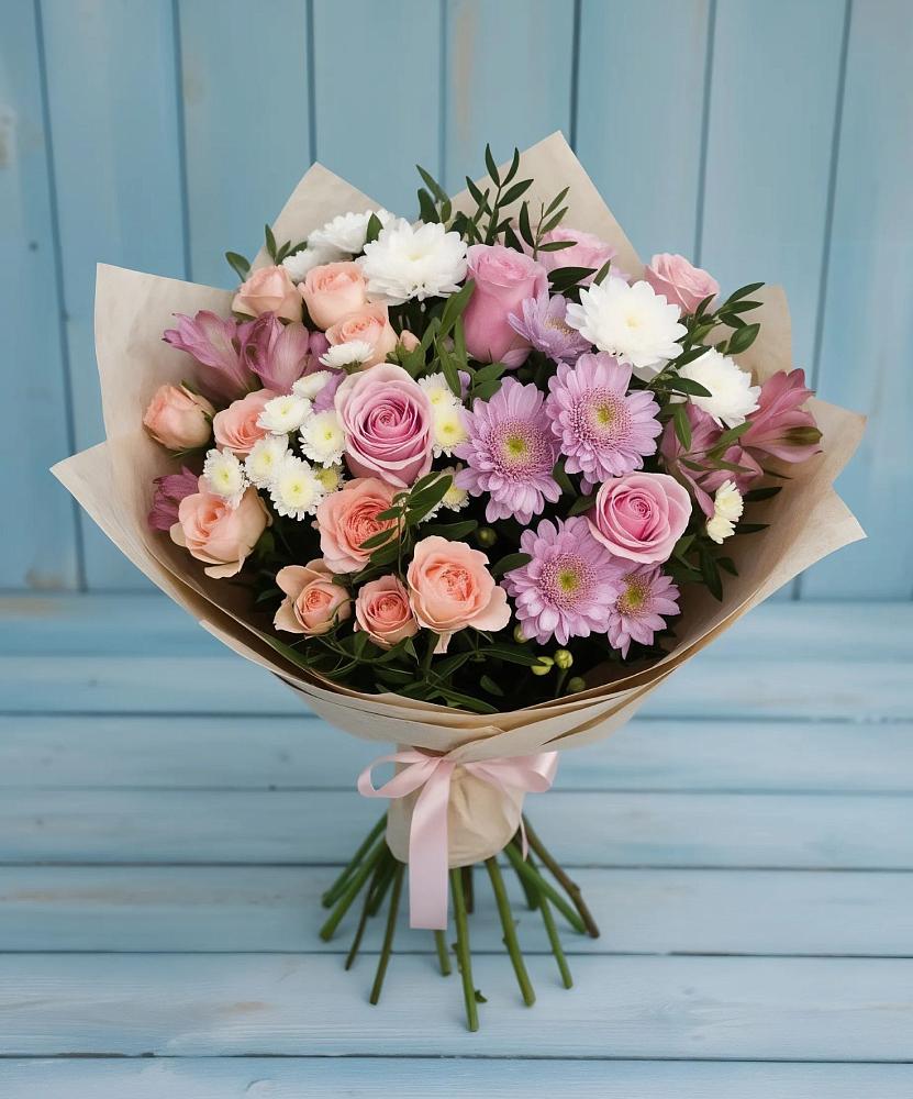 Букет цветов из: Хризантемы, Розы и Альстромерии в Новочебоксарске